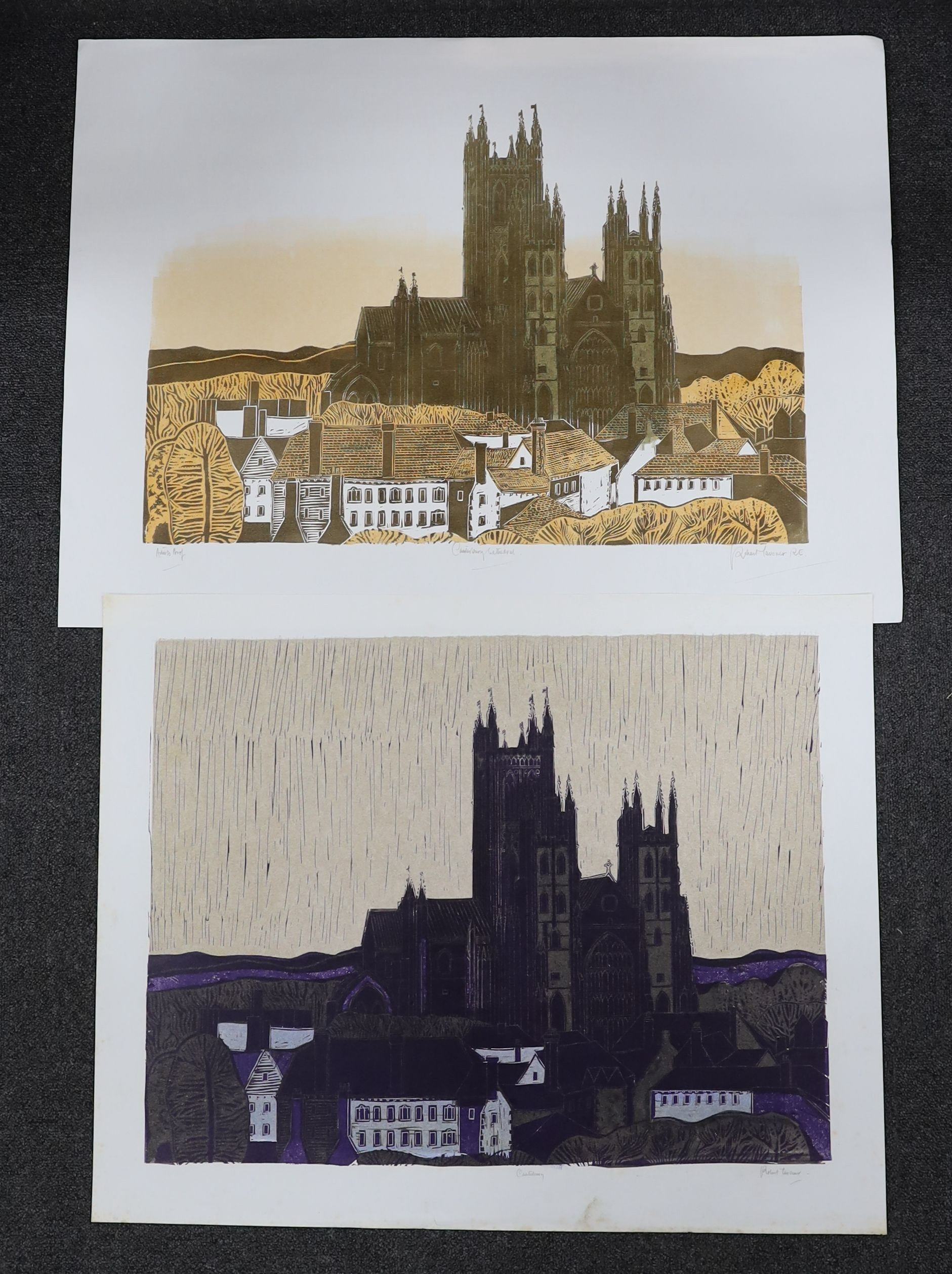 Robert Tavener (1920-2004), two artist proof linocuts, 'Canterbury' and 'Canterbury Cathedral', signed in pencil, largest 57 x 79cm, both unframed
